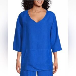 NWT Bryn Walker Judy Size XXS Blue Linen Pullover Shirt  Pocket V Neck $150